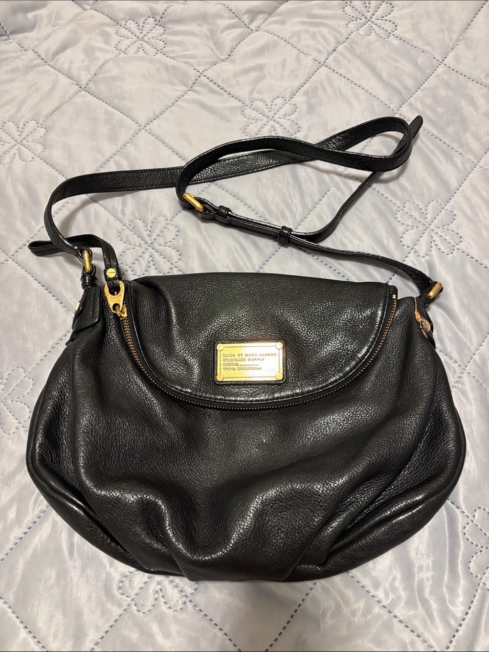Marc Jacobs Black Leather Shoulder Bag with Gold Plaque